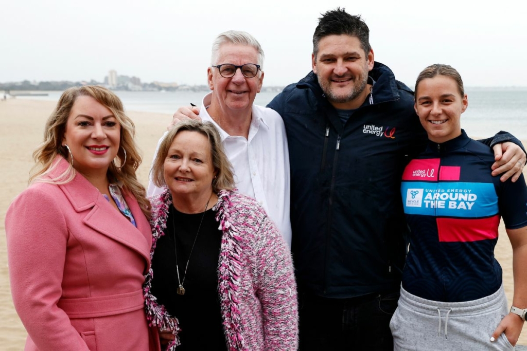 Amy Coote, Fiona Riewoldt, Joe Riewoldt, Brendan Fevola, and Deanna Berry at the United Energy Around the Bay launch